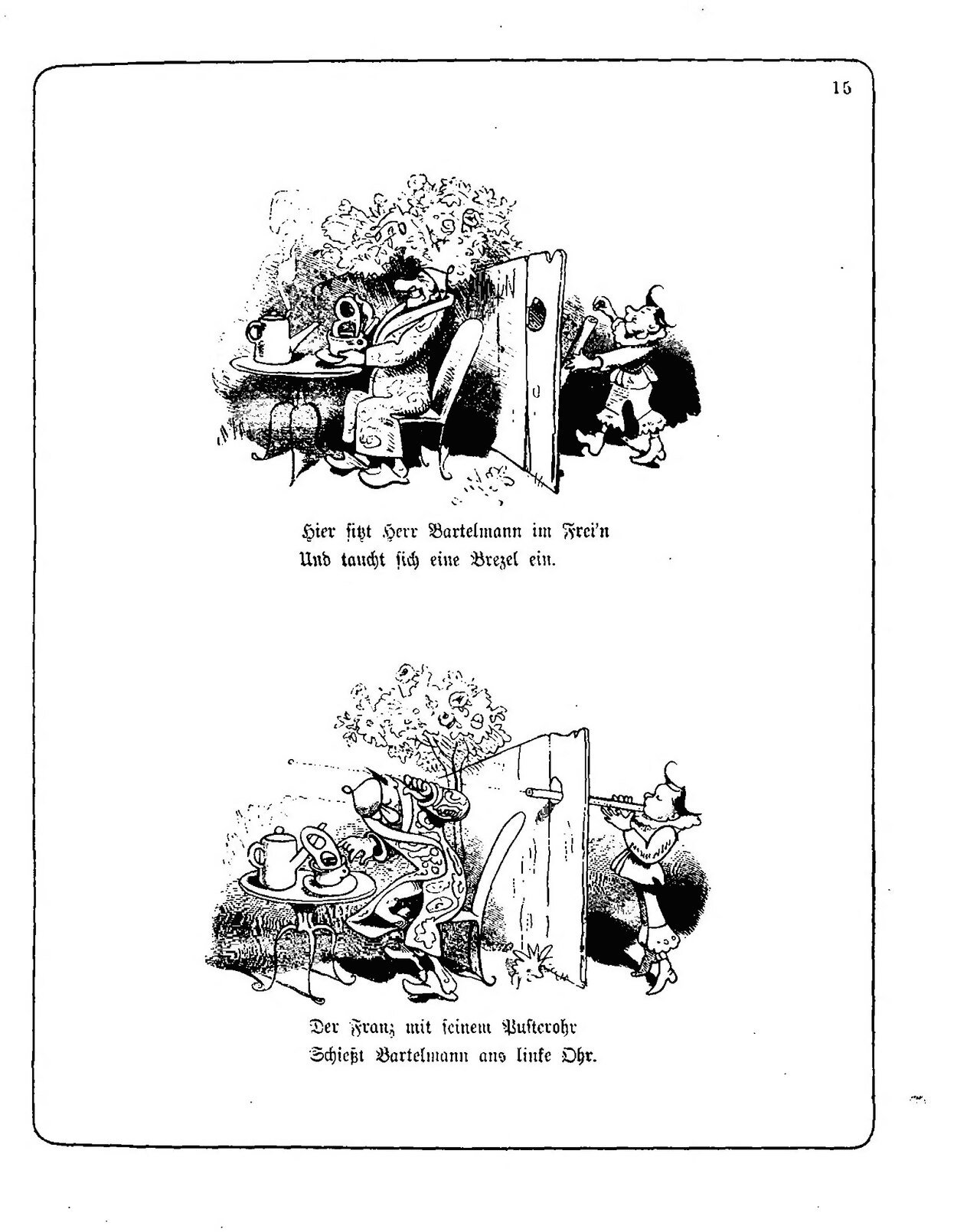 Hans Huckebein, con quạ xui xẻo, Cái ống thổi, trang 1